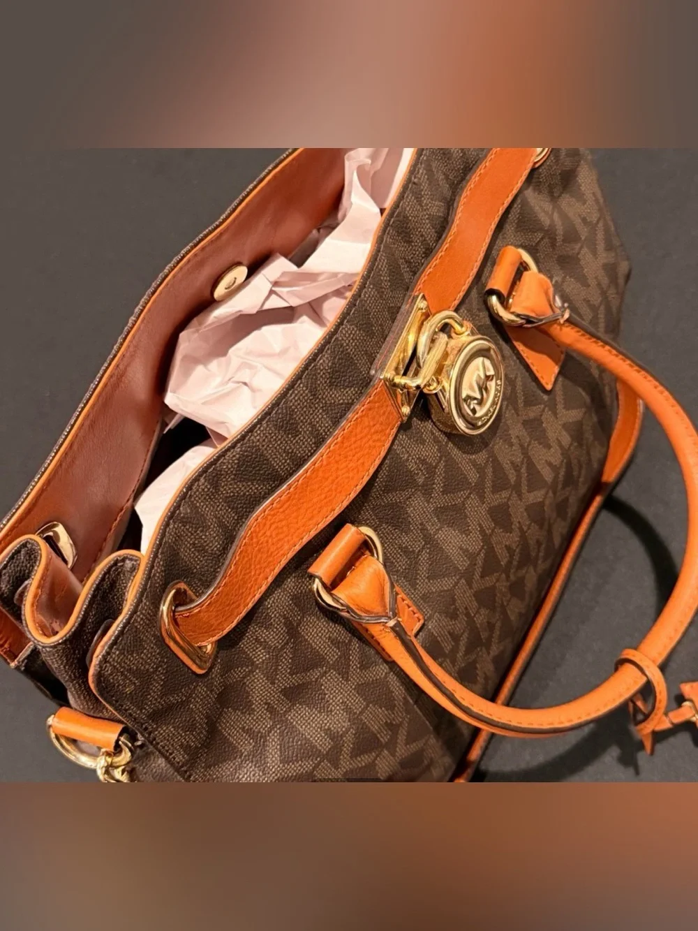 Michael Kors Brown and Orange Logo Satchel with Gold Hardware